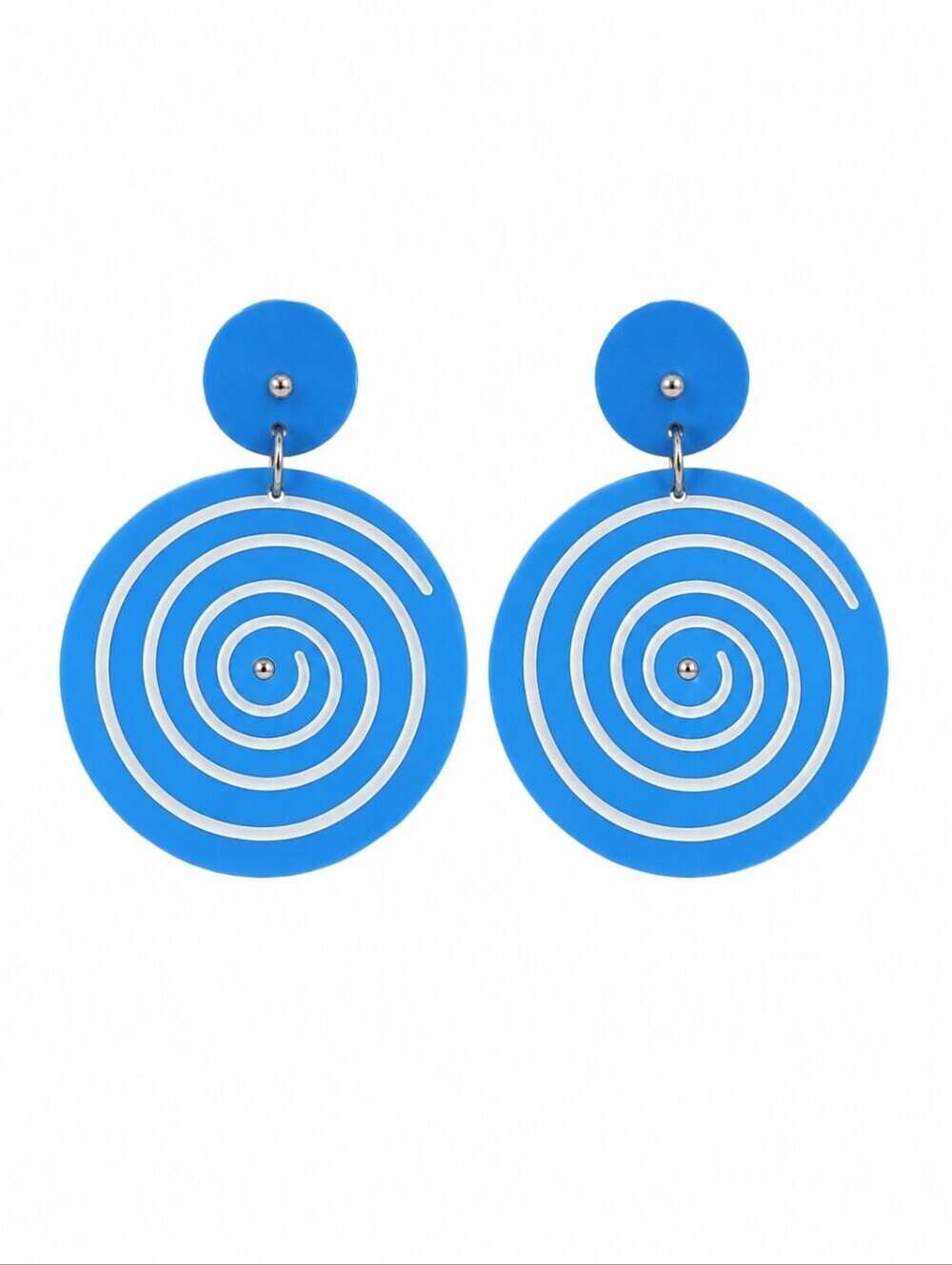VTG 1980s Blue Circle Atomic Spiral Acrylic Dangle Post Nebula Earrings
